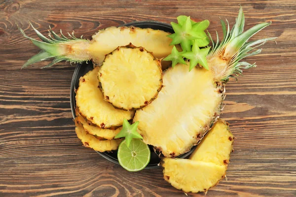 Composition Ripe Fresh Pineapple Wooden Table Top View — Stock Photo, Image