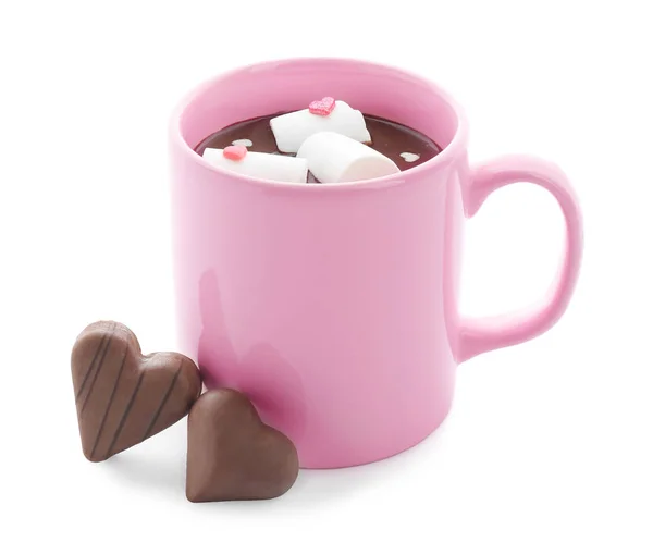 Xícara Chocolate Quente Com Marshmallow Doces Fundo Branco — Fotografia de Stock