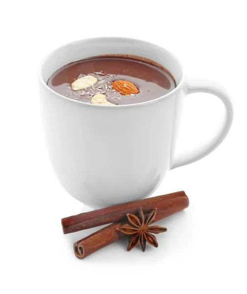 Cup Hot Chocolate Spices Nuts White Background — Stock Photo, Image