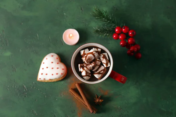 Composition Cup Tasty Hot Chocolate Color Background Top View — Stock Photo, Image