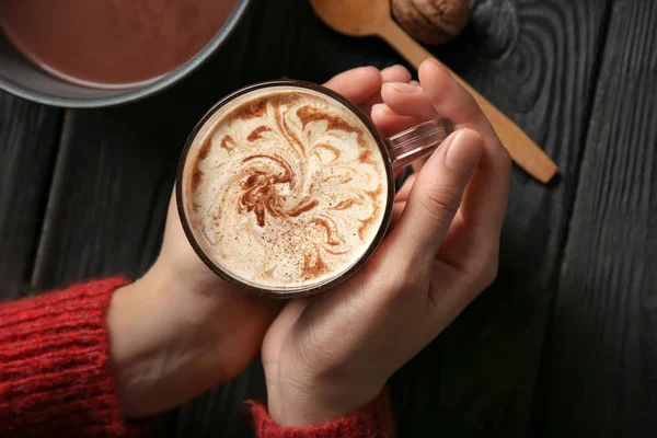 Female Hands Holding Cup Hot Chocolate Dark Wooden Background — Stock Photo, Image