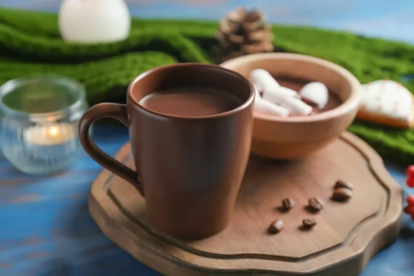 Cup Tasty Hot Chocolate Marshmallow Wooden Board — Stock Photo, Image