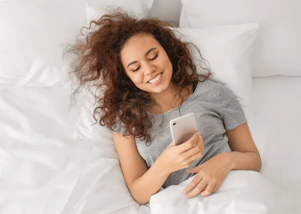 Morning Young African American Woman Lying Bed Mobile Phone — Stock Photo, Image