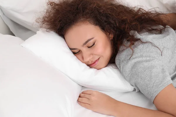 Morning Young African American Woman Sleeping Bed — Stock Photo, Image