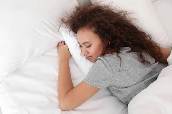 Morning Young African American Woman Sleeping Bed — Stock Photo, Image