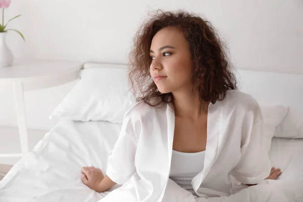 Morning Beautiful African American Woman Bedroom — Stock Photo, Image