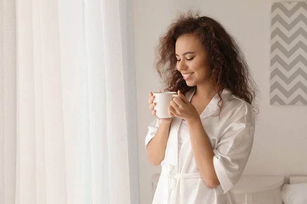 Morning Beautiful African American Woman Drinking Coffee Home — Stock Photo, Image