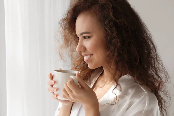 Morning Beautiful African American Woman Drinking Coffee Home — Stock Photo, Image