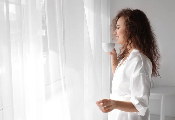 Morning Beautiful African American Woman Drinking Coffee Home — Stock Photo, Image