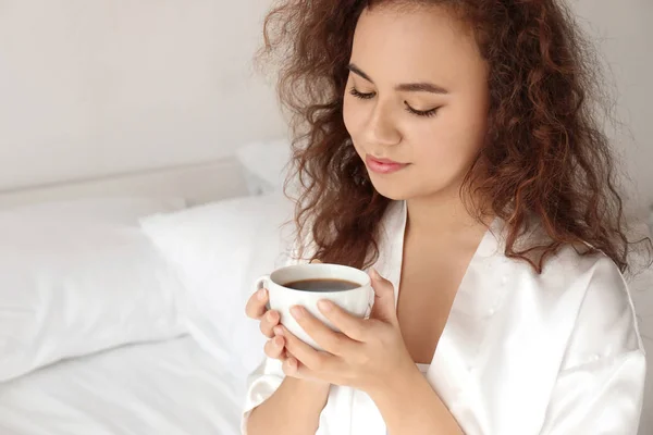 Morning Beautiful African American Woman Drinking Coffee Home — Stock Photo, Image