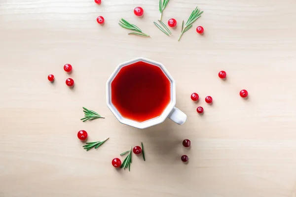 Flat Lay Composition Cup Red Tea Cranberries Light Background — Stock Photo, Image