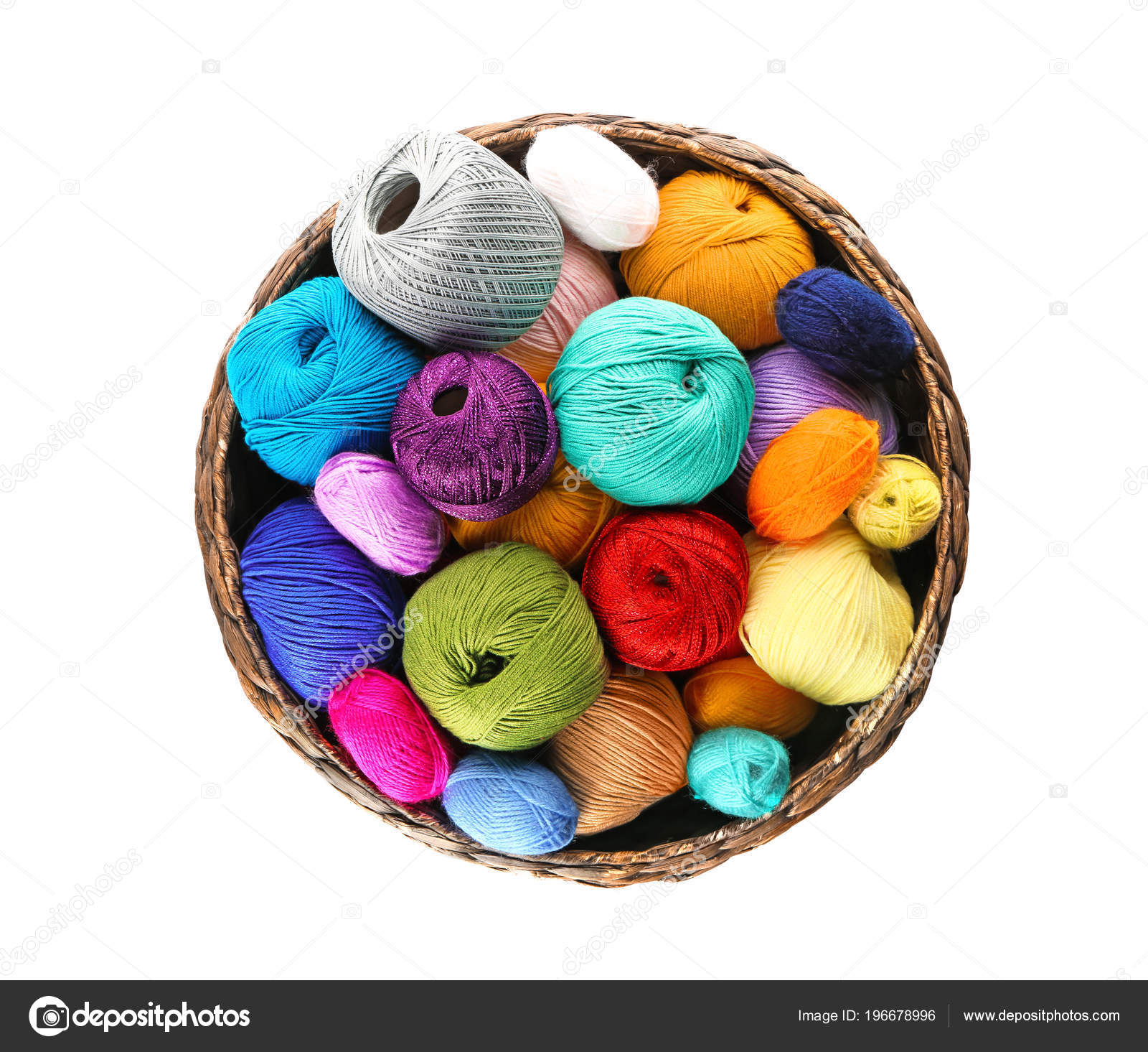Knitting Yarn Balls And Needles In Basket On A White Background