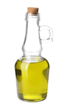 Beyaz zemin üzerine zeytin yağı ile şişe