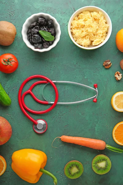 Healthy Food Stethoscope Color Background — Stock Photo, Image