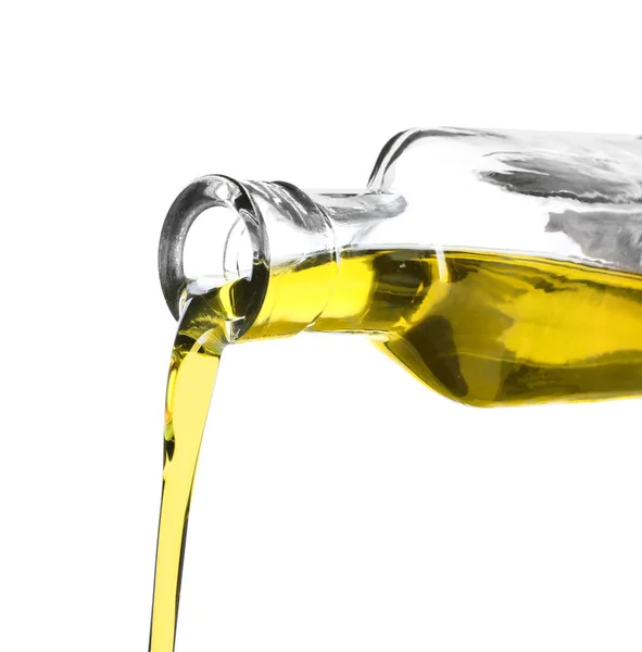 Pouring Olive Oil Glass Bottle White Background — Stock Photo, Image