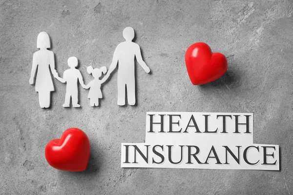 Family Figure Red Hearts Phrase Health Insurance Grey Background — Stock Photo, Image