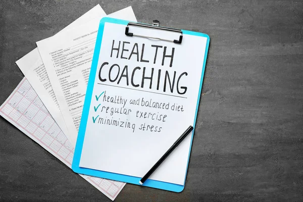 Health Coaching Written Sheet Paper Medical Documents Grey Background — Stock Photo, Image