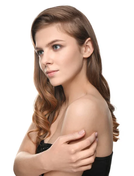 Portret Van Een Jonge Vrouw Met Mooie Make Witte Achtergrond — Stockfoto