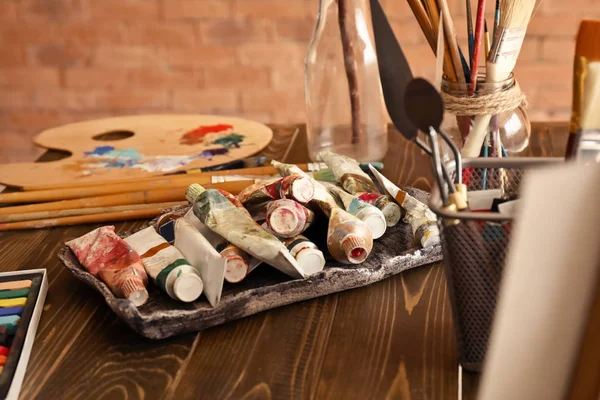 Paints Tools Wooden Table Artist Workshop — Stock Photo, Image