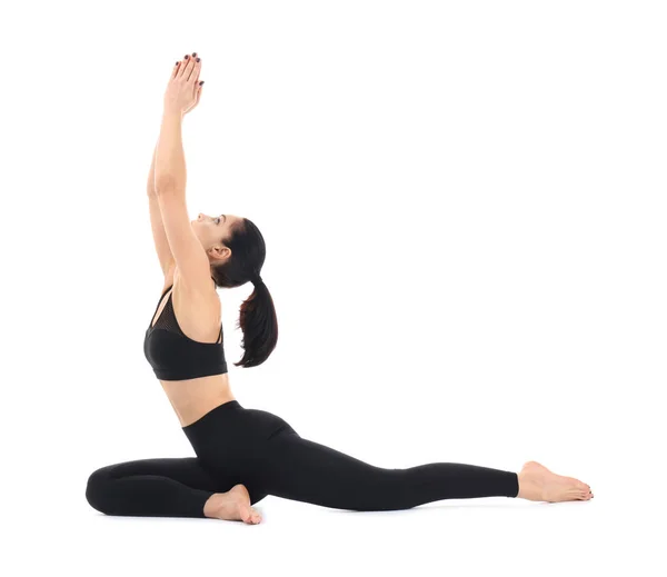 Ung Kvinna Utövar Yoga Vit Bakgrund — Stockfoto