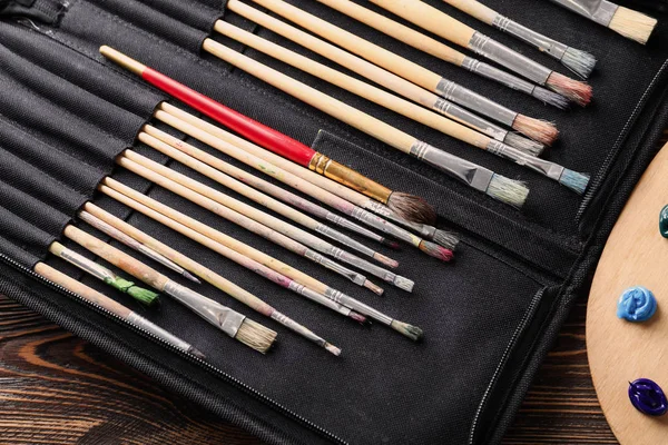 Bag Paint Brushes Table — Stock Photo, Image