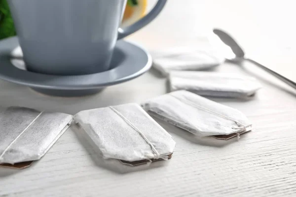 Tea Bags Cup Wooden Table — Stock Photo, Image