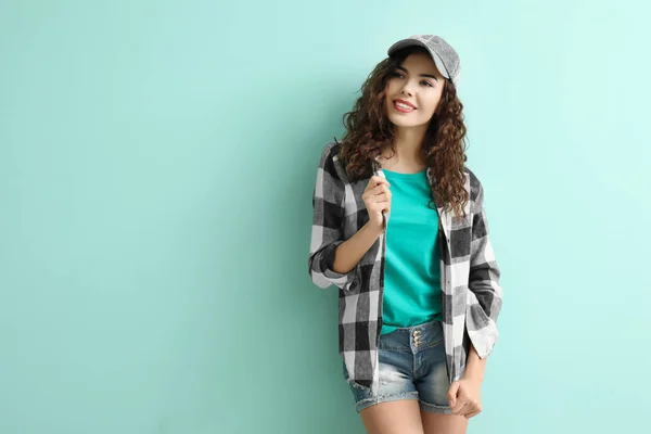 Stylish Young Woman Casual Clothes Color Background — Stock Photo, Image