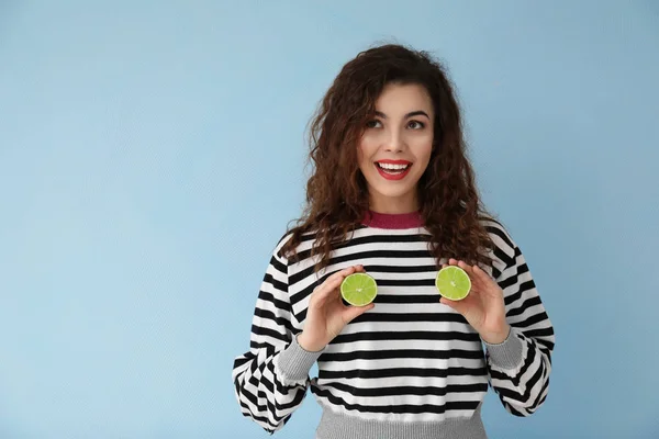 Funny Young Woman Halves Lime Color Background — Stock Photo, Image