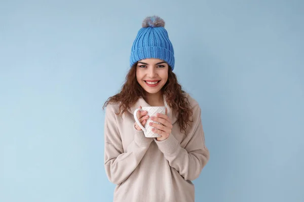 Beautiful Young Woman Cup Hot Coffee Color Background — Stock Photo, Image