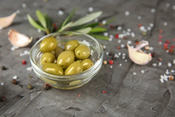 Bowl Canned Olives Textured Table — Stock Photo, Image