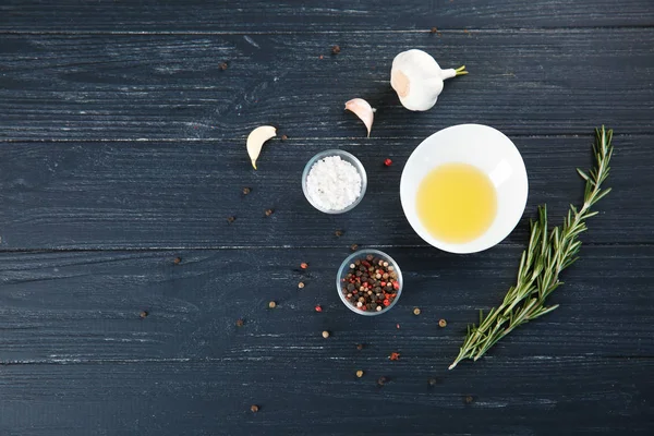 Olive Oil Rosemary Spices Wooden Background — Stock Photo, Image