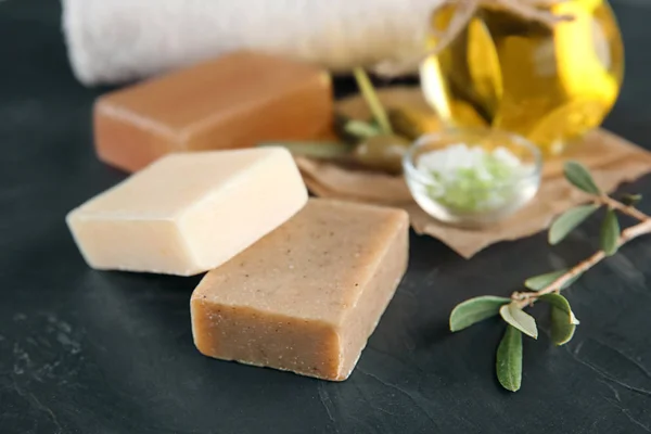 Bars Natural Soap Olive Extract Table — Stock Photo, Image