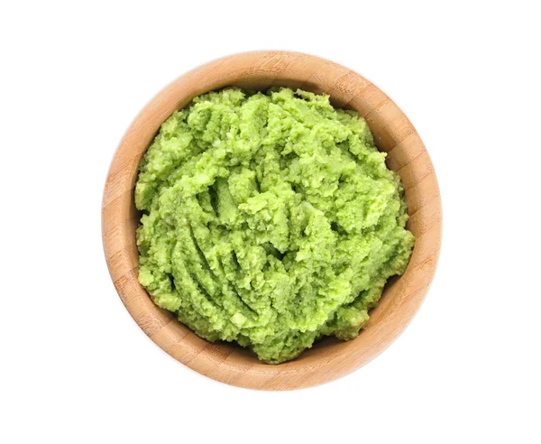 Tigela Com Delicioso Guacamole Fundo Branco — Fotografia de Stock