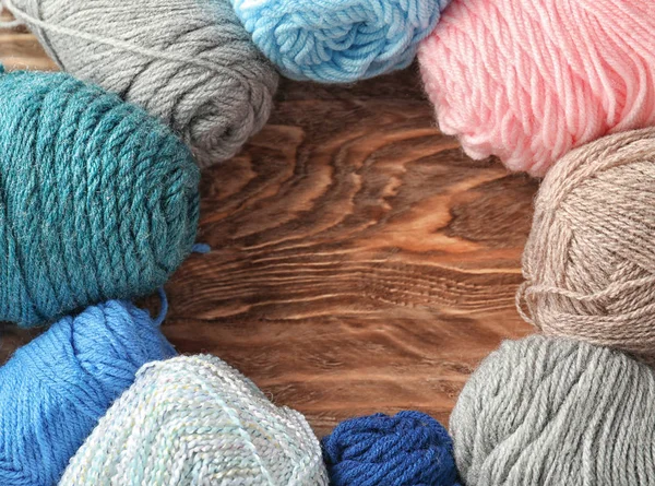 Colorful Knitting Yarn Wooden Background — Stock Photo, Image