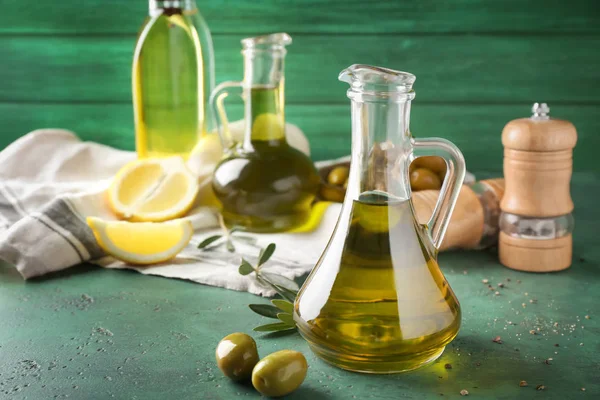 Glass Jug Fresh Olive Oil Table — Stock Photo, Image