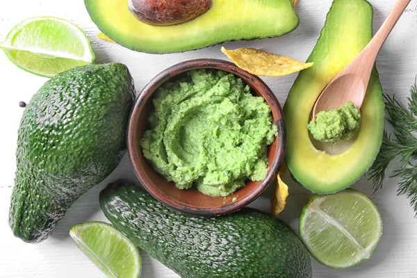 Kompozíció Ízletes Guacamole Asztalon Felülnézet — Stock Fotó