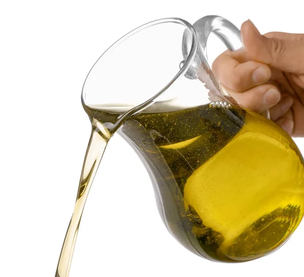 Pouring Olive Oil Glass Jug White Background — Stock Photo, Image