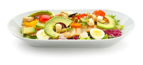 Plate Tasty Salad Ripe Avocado White Background — Stock Photo, Image