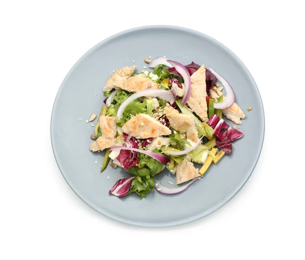 Plate Tasty Salad Ripe Avocado White Background — Stock Photo, Image