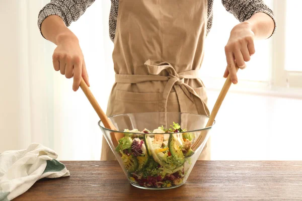 Woman Preparing Tasty Salad Ripe Avocado Table — Stock Photo, Image