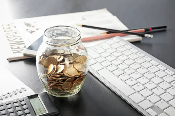 Glass Jar Coins Table Concept Savings — Stock Photo, Image