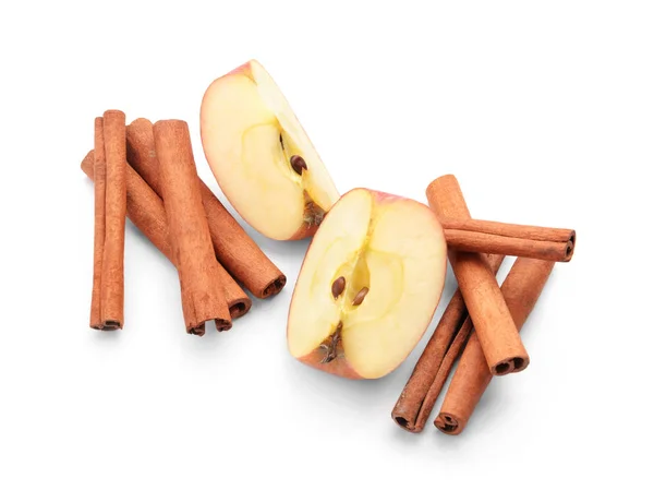 Pieces Fresh Apple Cinnamon Sticks White Background — Stock Photo, Image