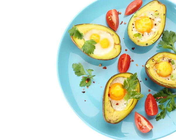 Tasty Baked Avocado Eggs Plate White Background — Stock Photo, Image