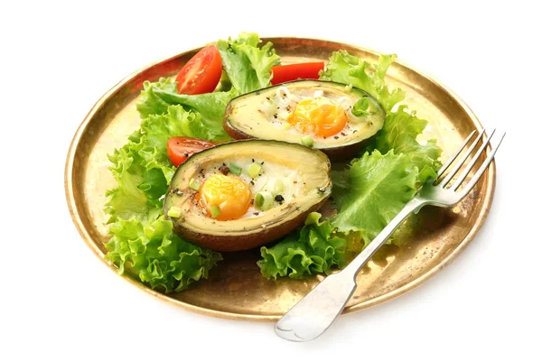 Νόστιμα Ψημένα Αβοκάντο Αυγά Πιάτο Ενάντια Λευκό Φόντο — Φωτογραφία Αρχείου