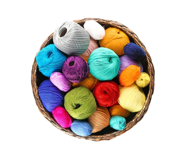 Wicker Basket Knitting Yarn White Background — Stock Photo, Image