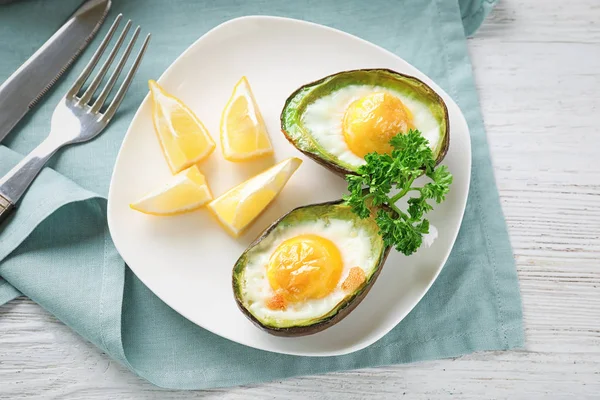 Baked Avocado Eggs Table — Stock Photo, Image