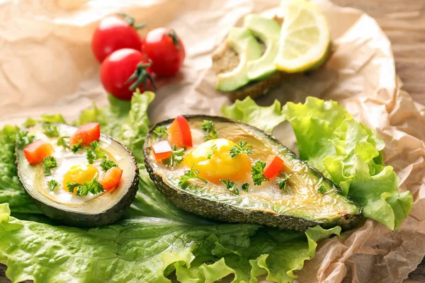 Baked Avocado Eggs Vegetables Table — Stock Photo, Image