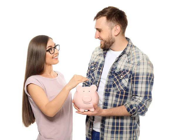 Happy Couple Putting Coin Piggy Bank White Background Money Savings — Stock Photo, Image