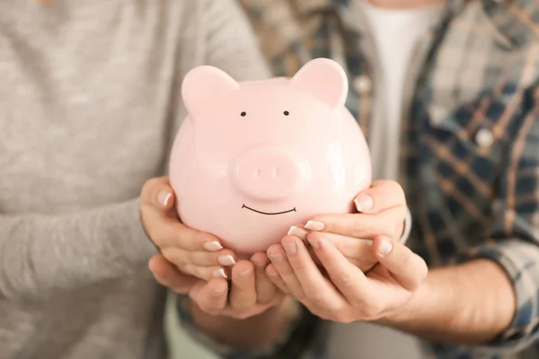 Couple Holding Piggy Bank Closeup Money Savings Concept — Stock Photo, Image