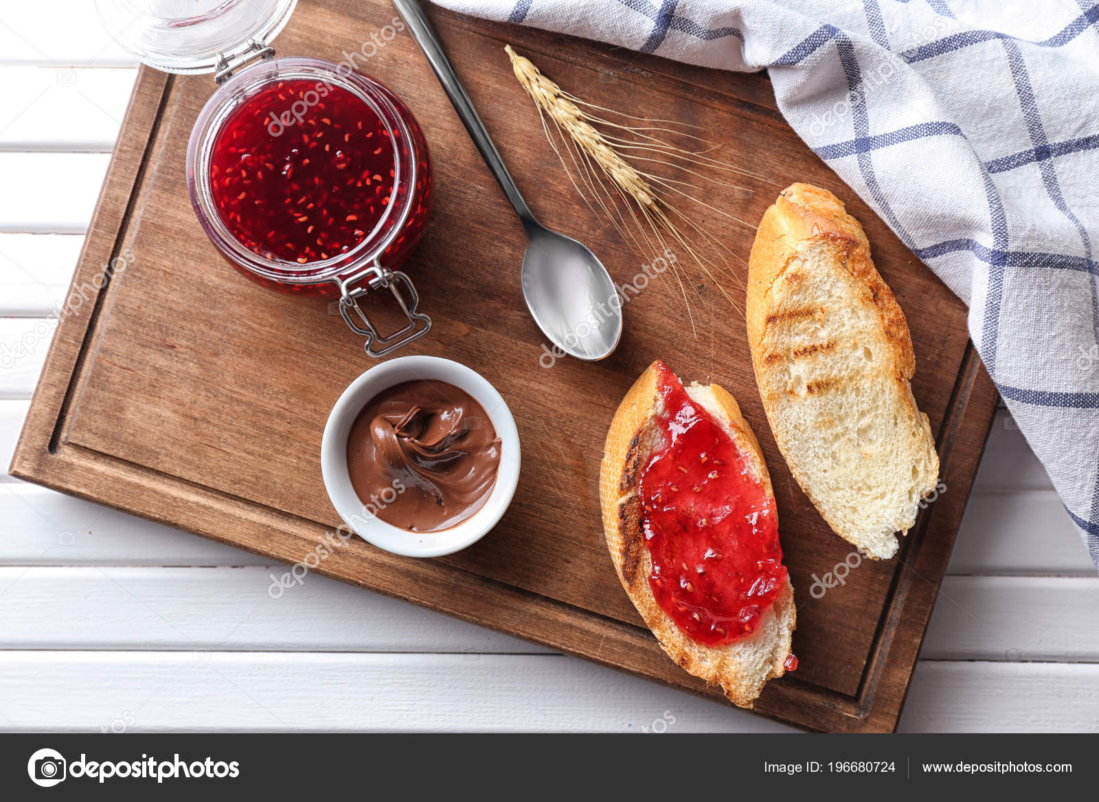 Toasted Bread Jam Chocolate Paste Wooden Board Stock Photo by ©serezniy